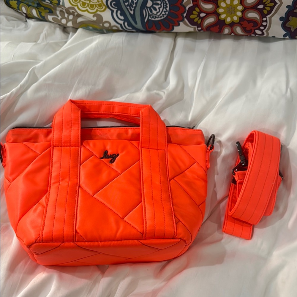 NWOT Lug Neon Orange Dory Mini Quilted Tote Bag with Short Handles